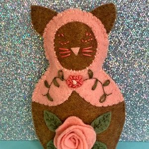 Hand-sewn Cat Art Doll (Peach and Brown with Peach Rose)